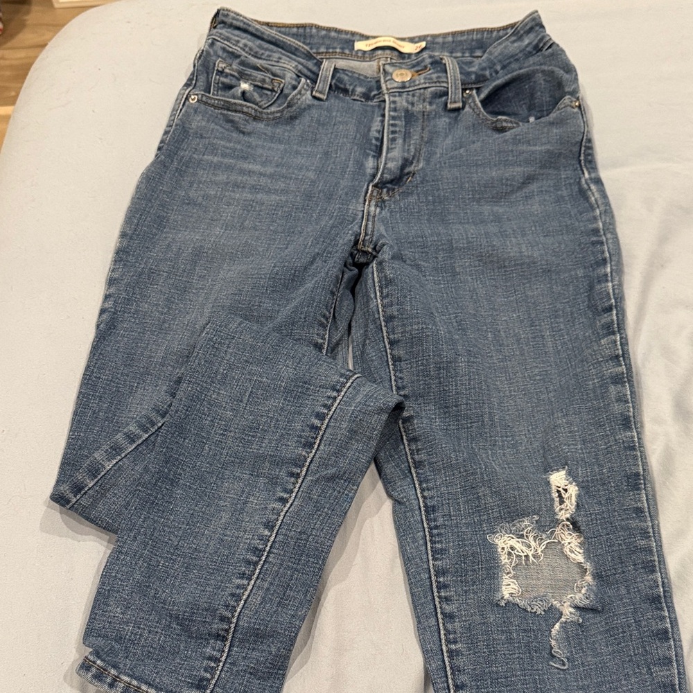 Levi's Women's Blue Ripped Boyfriend Jeans